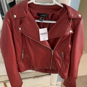 Red oversized leather jacket